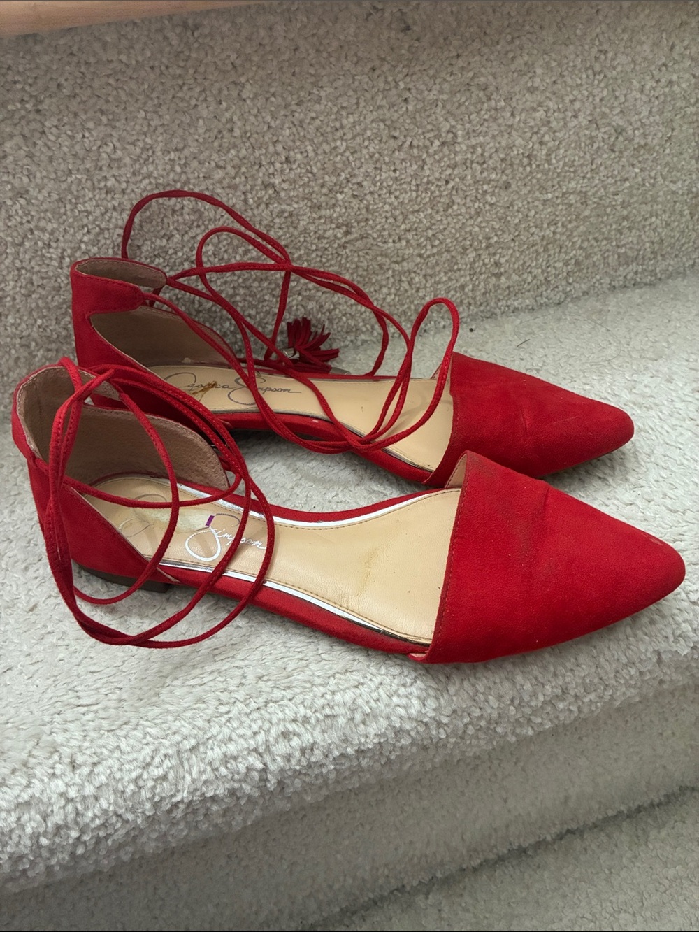 Jessica Simpson Women Red Lace-Up Pointed Toe Flats